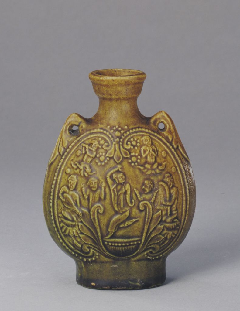 图片[1]-Lead-brown glaze flat bottle with figure pattern-China Archive